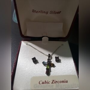 Sterling Silver Multicolor Cross Necklace and Earring Set